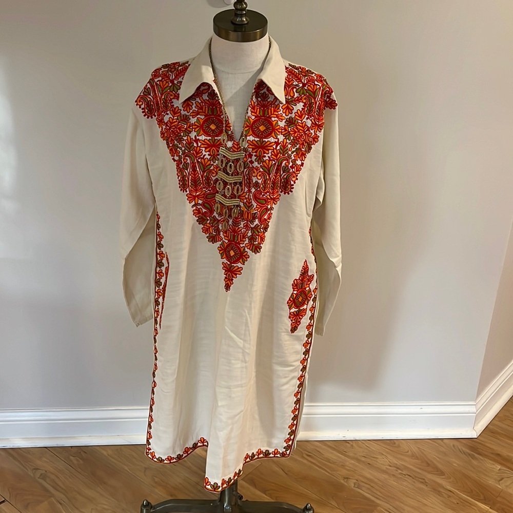 New! Origins kaftan orange /red embroidered cream long tunic coverup s…